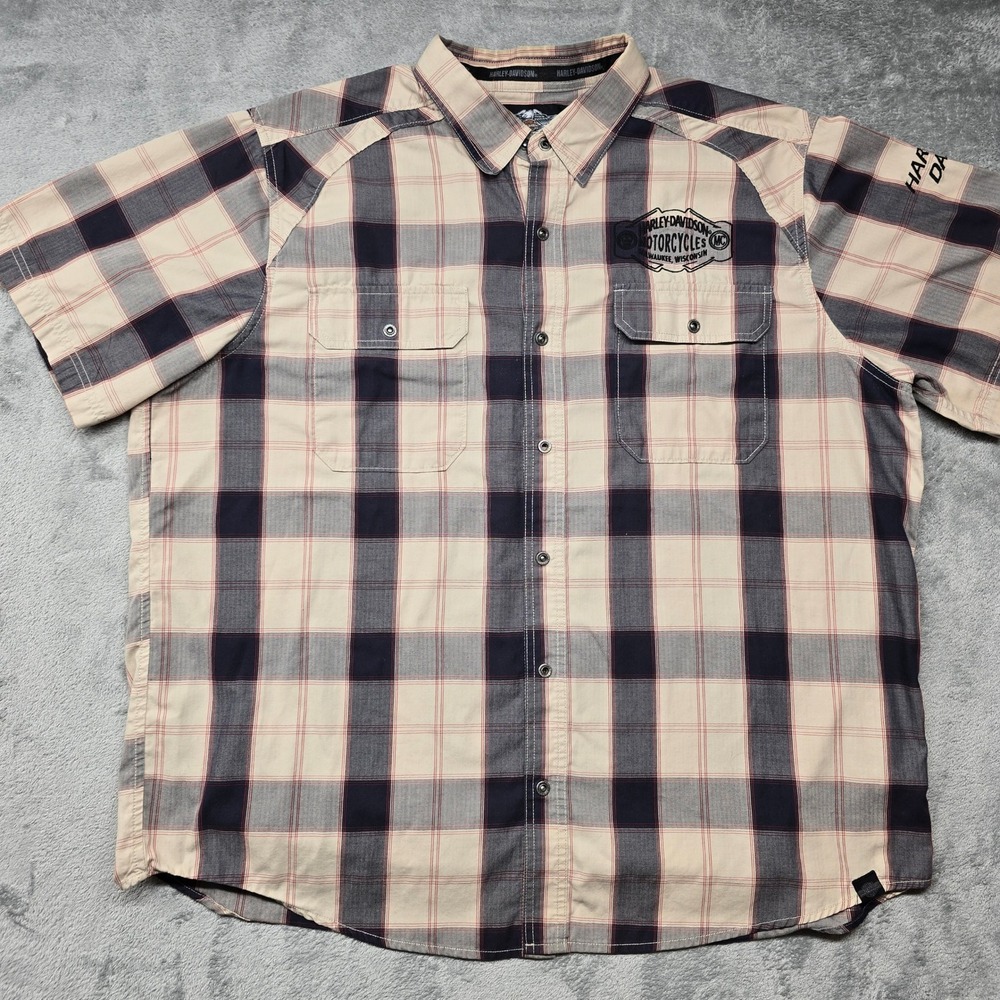 Harley-Davidson Short Sleeve Snap Button Shirt Mens 2XL Tan Plaid 96622-14VM